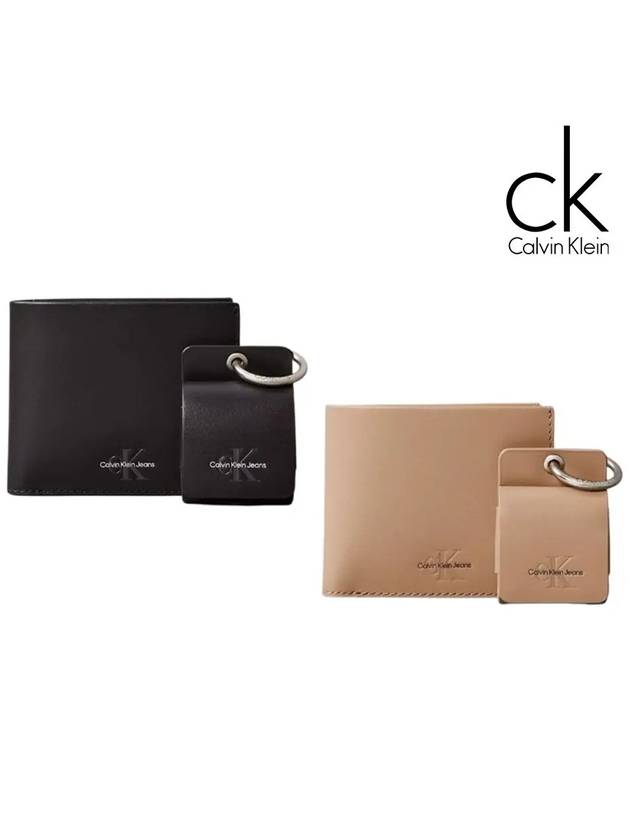 캘빈클라인 지갑 모노그램 가죽 슬림 월렛 에어팟 세트 블랙 베이지