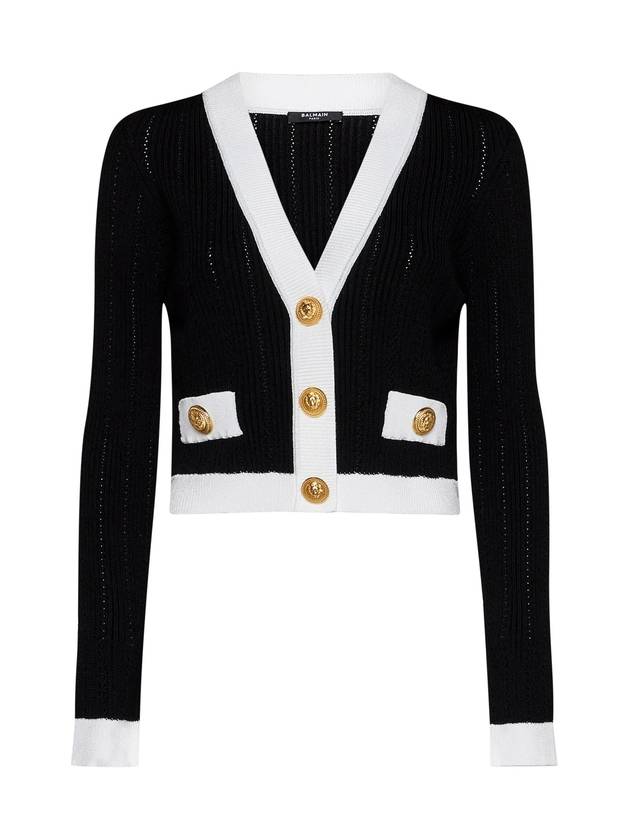 발망 콘트라스트 보더 골지 니트 가디건 블랙