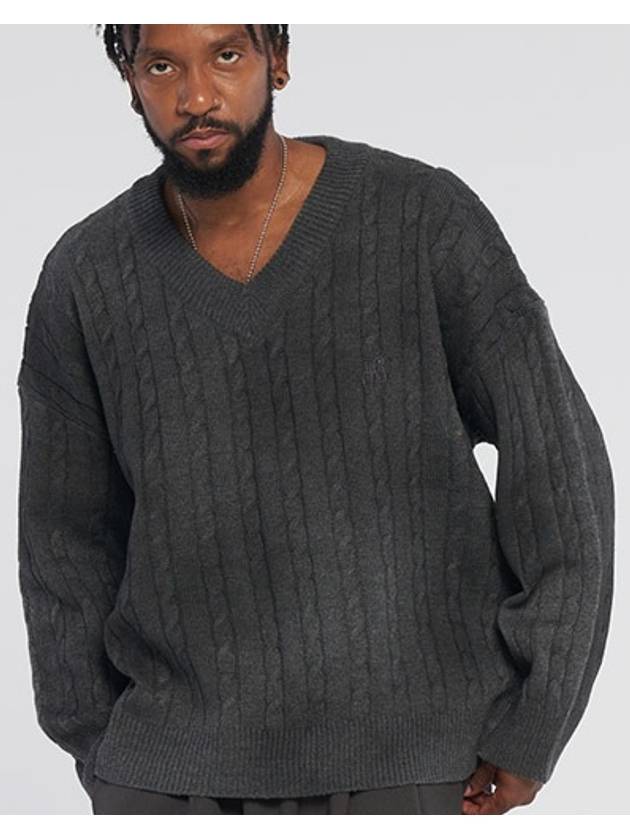 Dirty Spray V Neck Twisted Knitwear_Charcoal
