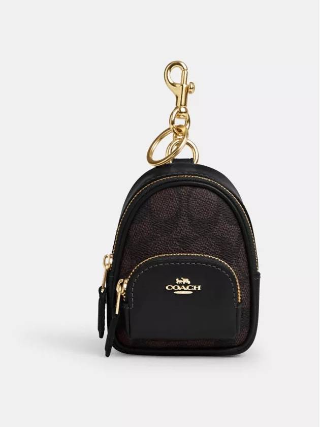 코치 코트 미니 백팩 참 시그니처 캔버스 키홀더 키링 Gold Walnut Black