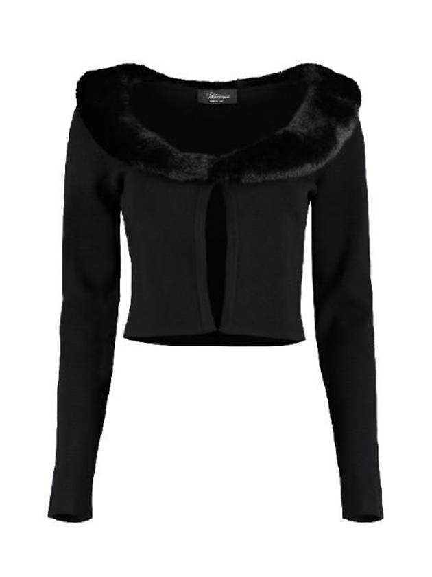블루마린 여성 페이크 퍼 트리밍 니트 크롭 가디건 블랙