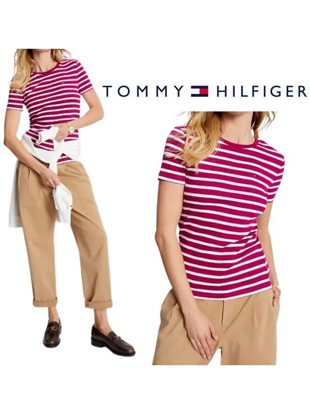 타미힐피거 여성 페이버릿 스트라이프 탑 반팔티셔츠 핑크