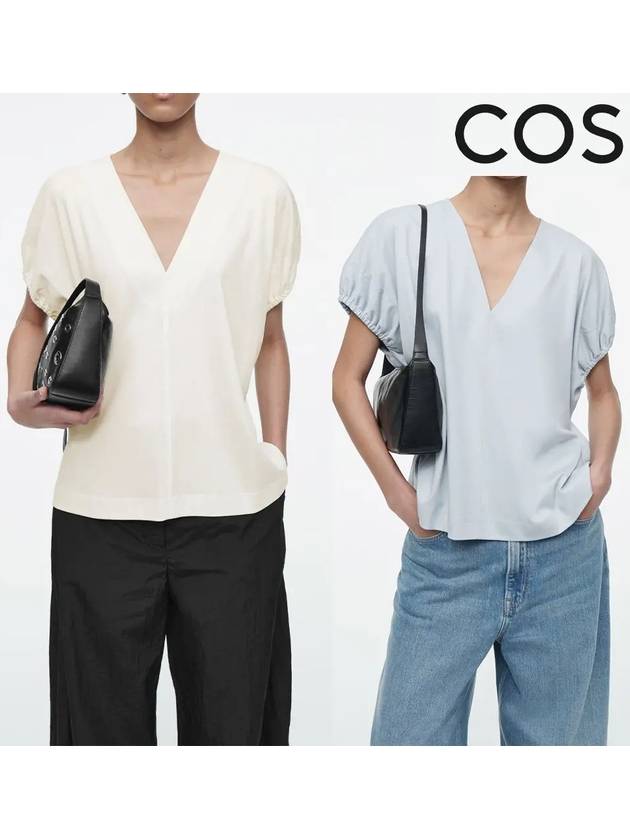 코스 반팔 러플 코튼 블라우스 탑 티셔츠 화이트 라이트블루