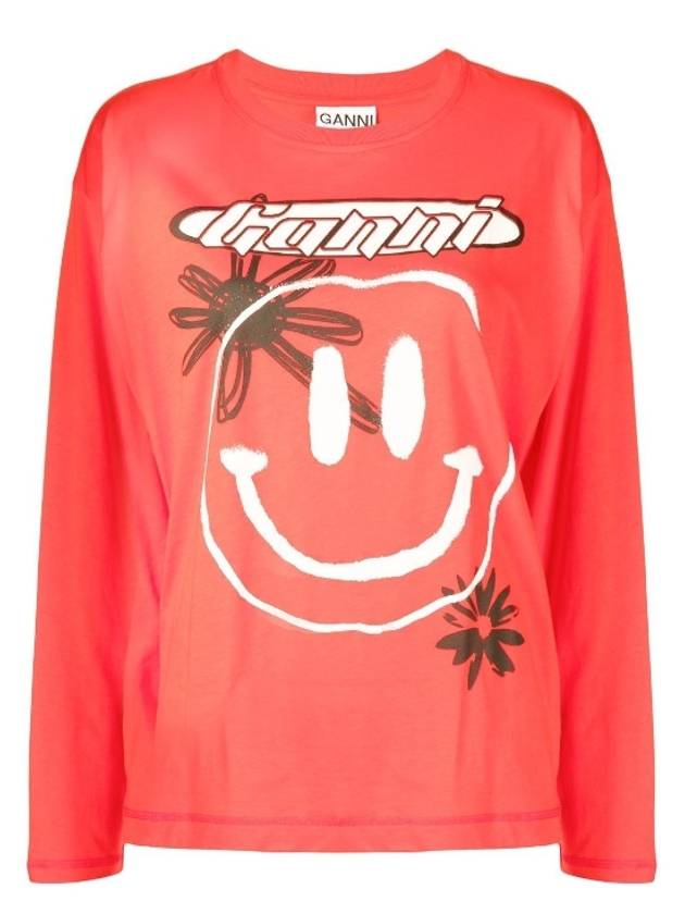 GANNI 가니 스마일 로고 오가닉 코튼 레드 티셔츠 가니긴팔티셔츠