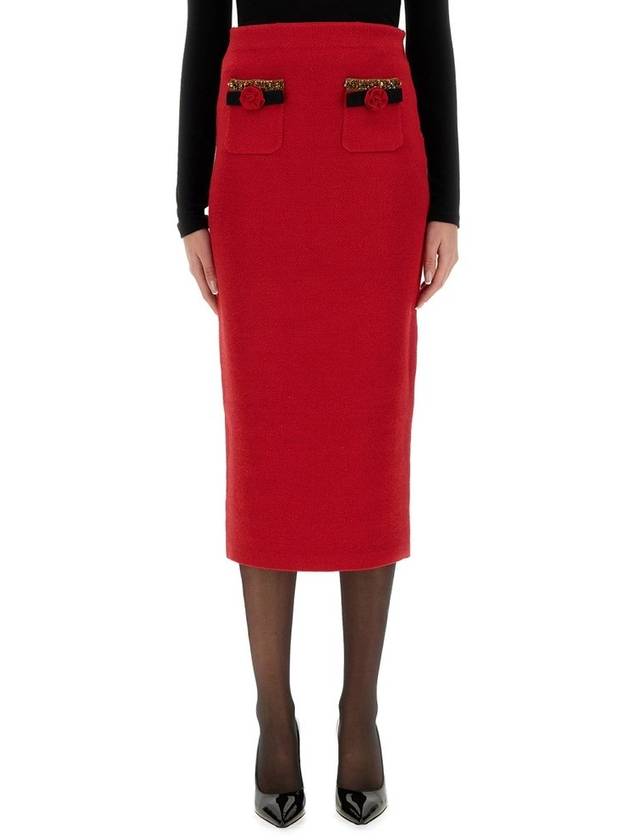 셀프 포트레이트 텍스처 니트 코사지 미디 스커트