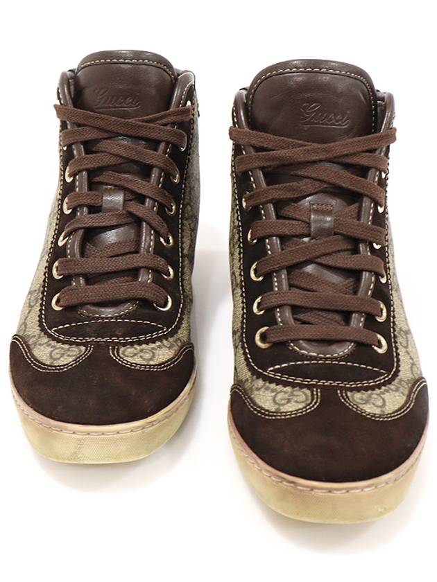 296568 GG 수프림 캔버스 브라운 스웨이드 트리밍 하이탑 여성 스니커즈 35