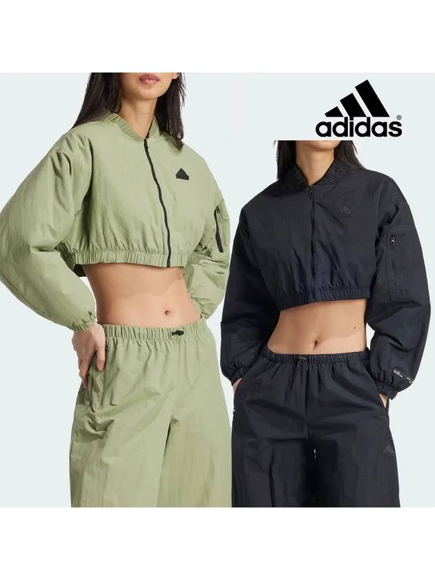 아디다스 바람막이 여성 도시 크롭 탑 봄버 재킷 블랙 텐트그린