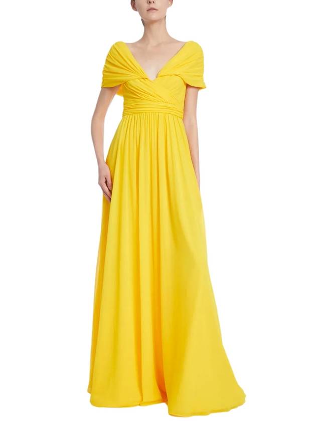 LEMON PLEATED EVENING GOWN WITH RUCHED BODICE