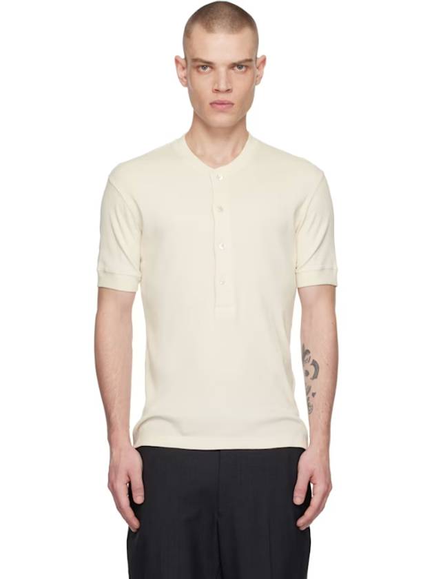 Off White Cotton Modal Rib Henley 251076M211002