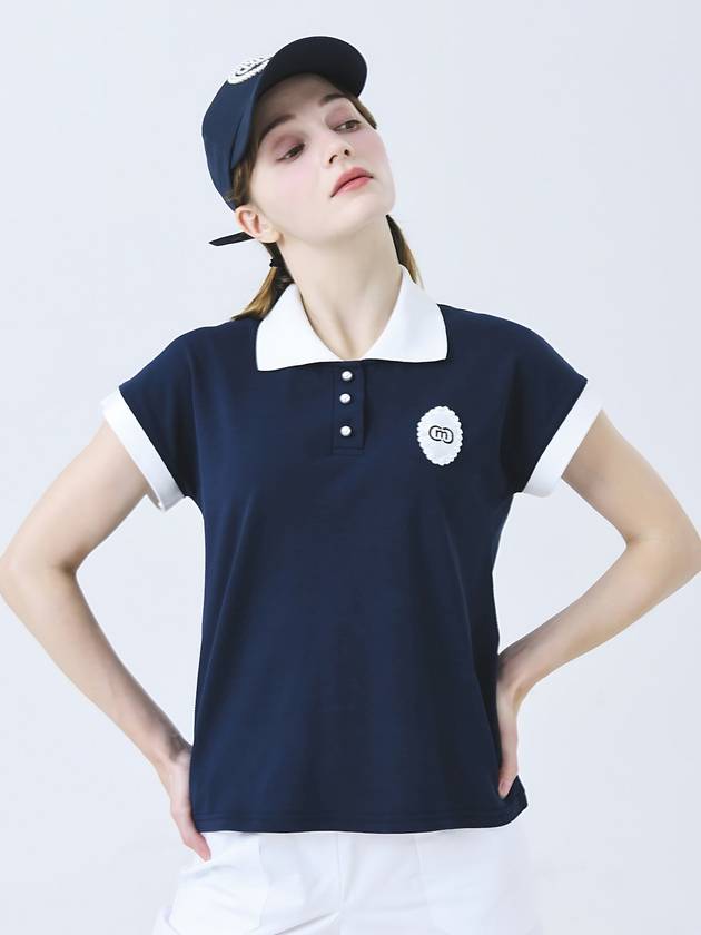 24SS 두유노우엠씨 여성 면 피케 레이스 장식 네이비 반팔 티셔츠 DO3242TS005 1