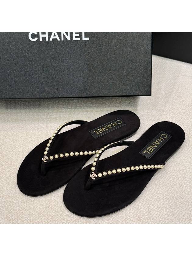 샤넬 스웨이드 진주 스터드 블랙 플랫 쪼리
