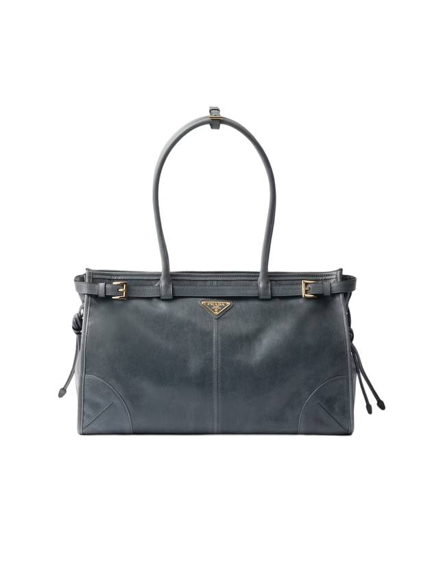 프라다 라지 에나멜 트라이앵글 로고 레더 핸드 라지 토트 백 블랙