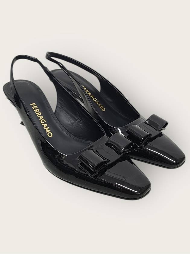 페레가모 블랙 페이던트 바라 보우 슬링백 힐 구두 6.5