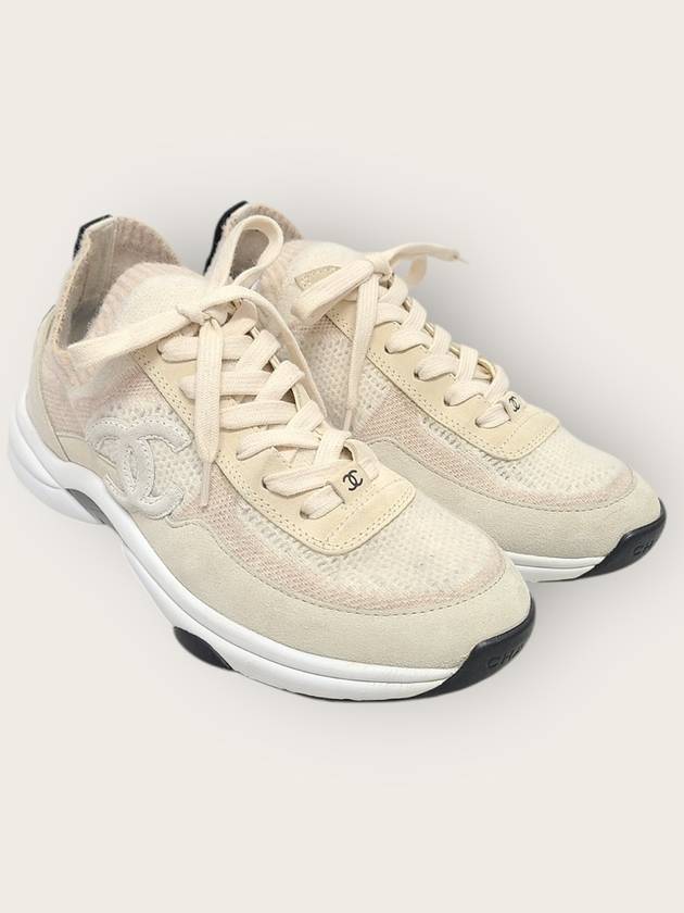 샤넬 아이보리 스웨이드 카프스킨 CC로고 니트 스니커즈 38