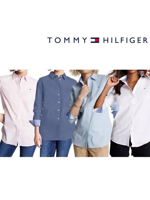타미힐피거 여성 스트레치 옥스포드 롱슬리브 탑 셔츠 화이트 스카이블루 핑크 블루