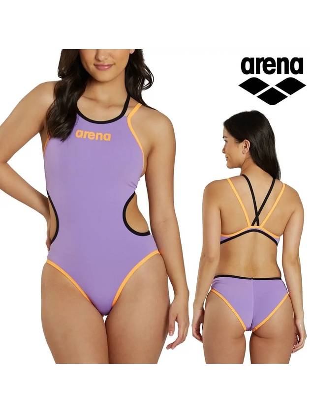 아레나 수영복 여성 원 더블 크로스백 원피스 라벤다플루오오렌지블랙