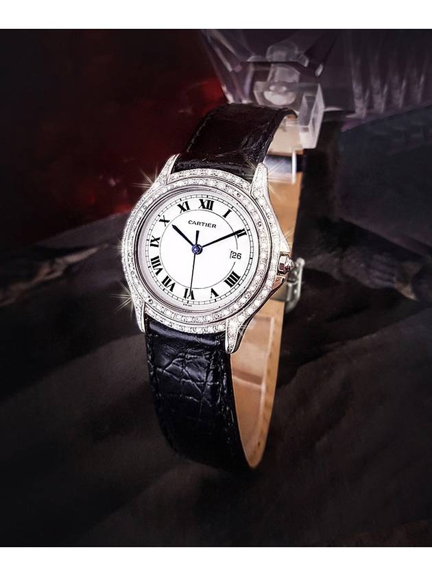 까르띠에 쿠거 두줄 다이아 여성 악어가죽 시계