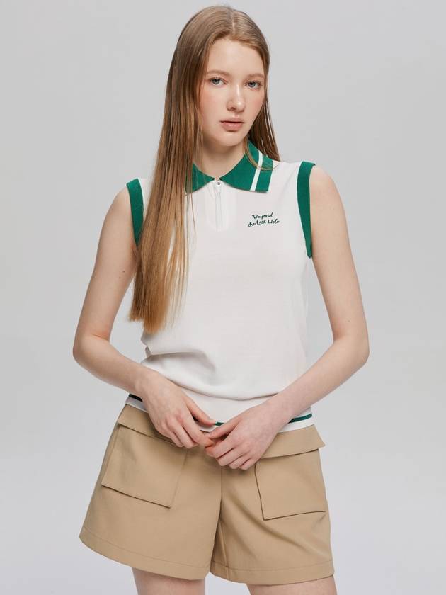 여성 자수 포인트 하프집업 슬리브리스 WHITE