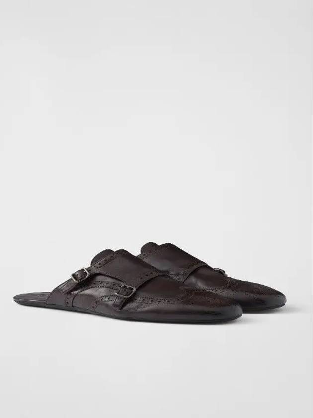 프라다 셔플 더블 몽크스트랩 레더 뮬 브라운