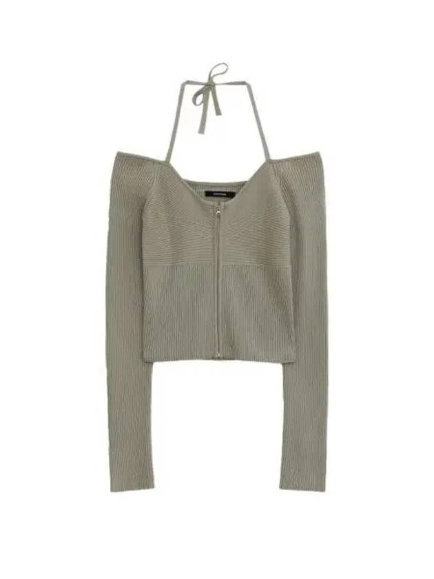다이애그널 오프 숄더 집업 니트 라이트 카키 Diagonal Off Shoulder Zip Up Knit Light Khaki