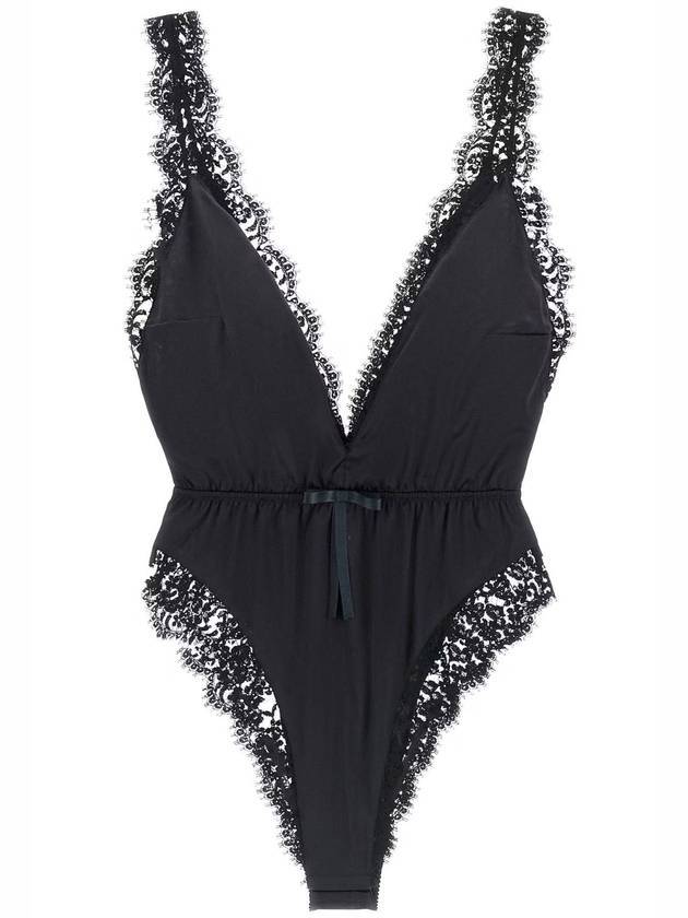 돌체앤가바나 여성 하이컷 레그 레이스 새틴 바디 수트 블랙