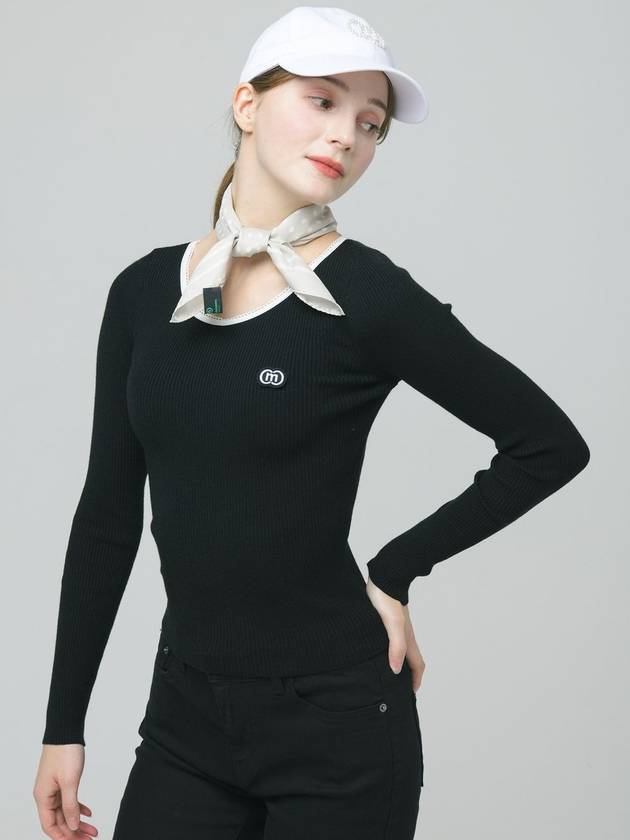 24FW 두유노우엠씨 여성 리브조직 배색 라운드 넥 슬림 핏 블랙 니트 DO6242KT11 1