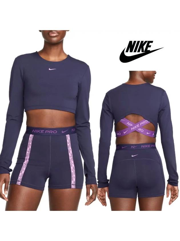 나이키 여성 프로 운동 X스크랩 크롭 롱슬리브 탑 티셔츠 퍼플 심플 트레이닝복