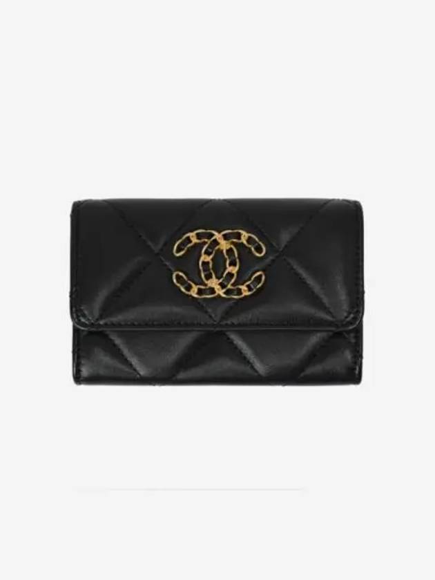 샤넬 19 플랩 카드 홀더 램스킨 & 골드 메탈 블랙 Chanel 19 Flap Card Holder Lambskin & Gold Black