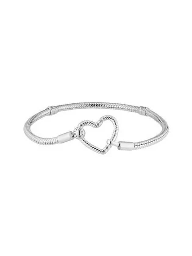 W 판도라 모먼트 하트 클로저 스네이크 체인 브레이슬릿 스털링 실버 클리어 W Pandora Moments Heart Closure Snake Chain Bracelet Sterling Silver Clear
