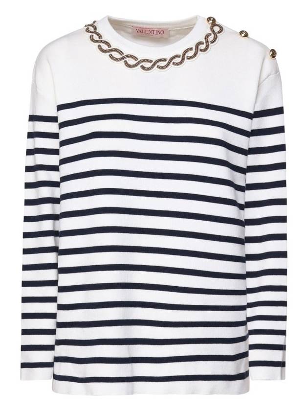 발렌티노 장식 스트라이프 크루넥 점퍼