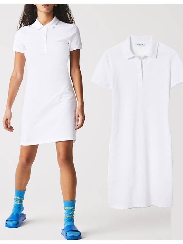 라코스테 여성 스트레치 코튼 피케 폴로 드레스 테니스 원피스 White