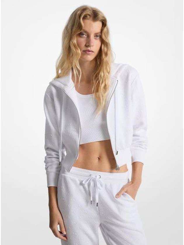 마이클코어스 로고 쟈카드 참 팬던트 크롭 집업 후드티 후디 WHITE