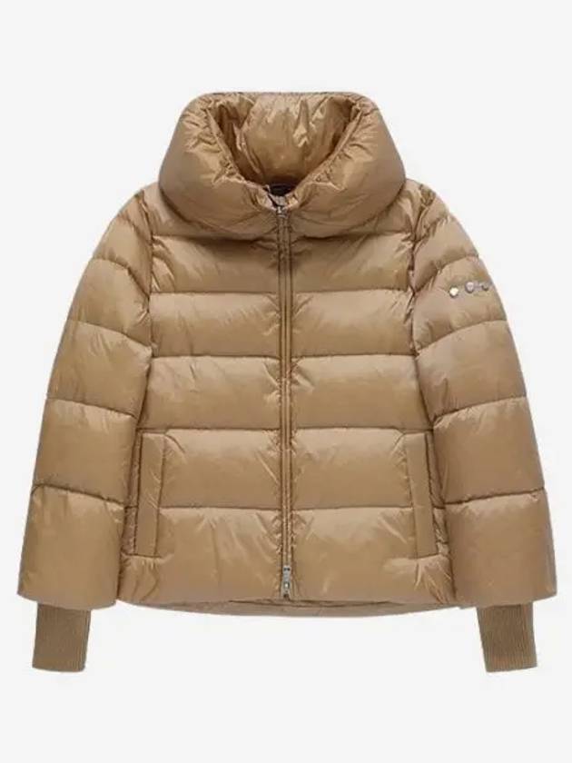 W 에드 로고 구스다운 니트 커프스 쇼트 다운 자켓 카멜 라이트 W Add Logo Goosedown Knit Cuffs Short Down Jacket Camel Light