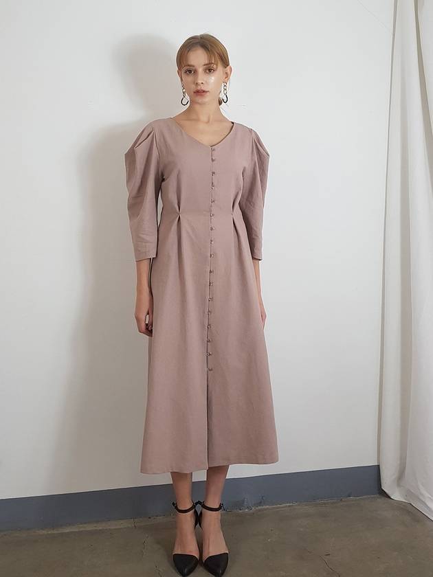 프리톤 여성 리넨 드레이핑 퍼프 핑키 롱 원피스 베이지