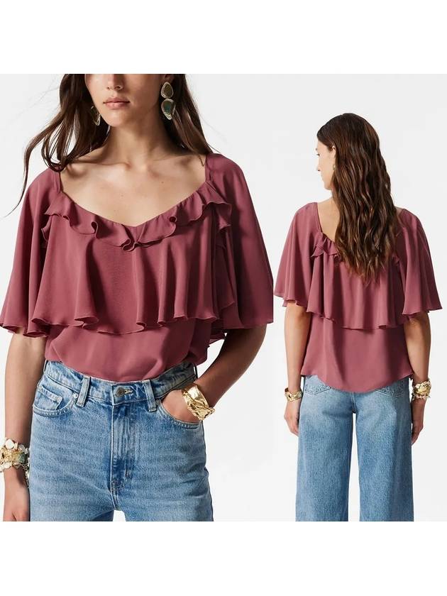 앤아더스토리즈 주름 장식 블라우스 반팔 버건디