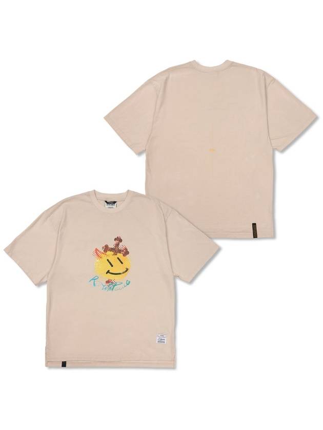 STIGMA Cross Smile Vintage Like Washed Oversized Short Sleeves T Shirts Beige