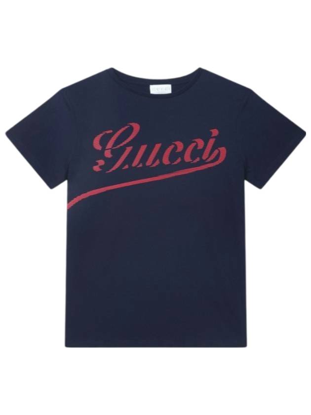 구찌 키즈 프린티드 코튼 반팔 티셔츠 다크 블루