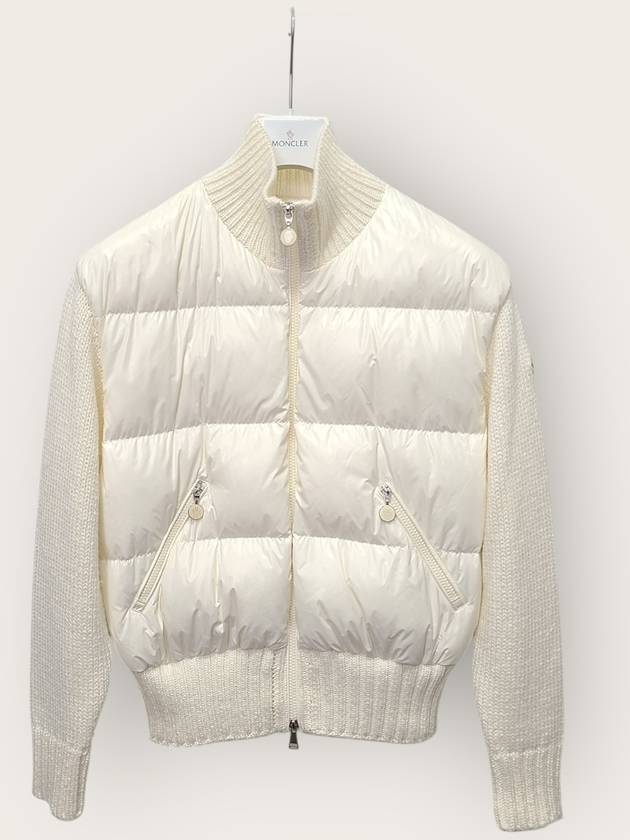 몽클레르 아이보리 백로고 자수 트리콧 믹스드 니트 패딩 가디건 L