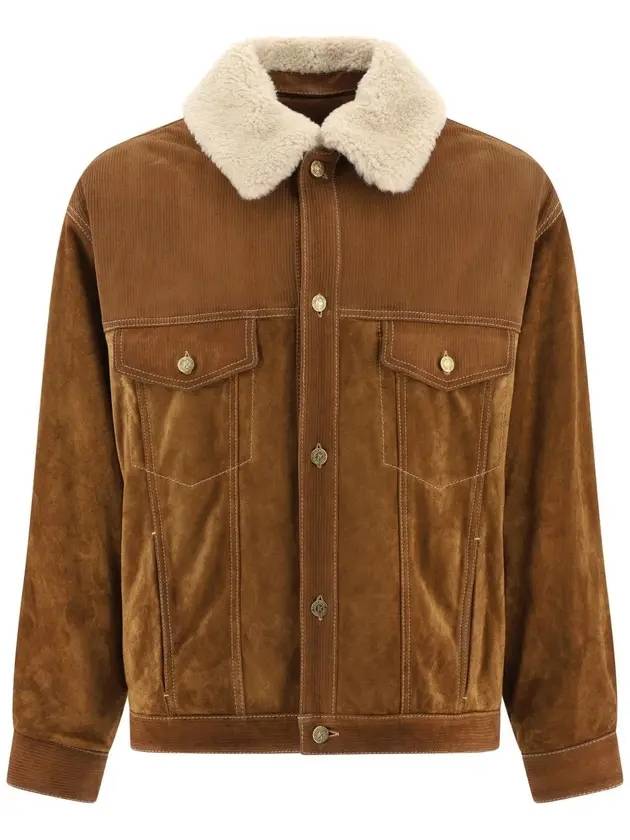 골든구스 남성 스플릿 레더 시어링 콜라르 자켓 토바코