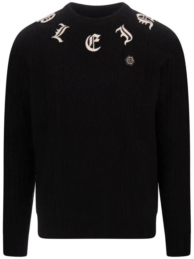 Philipp Plein 로고 자수 크루넥 케이블 니트 점퍼 FADCMKO1393PKN002N_02