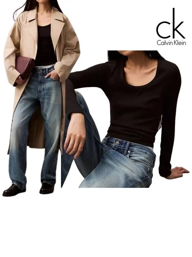 캘빈클라인 긴팔 여성 베이직 리브 슬림핏 탑 티셔츠 블랙