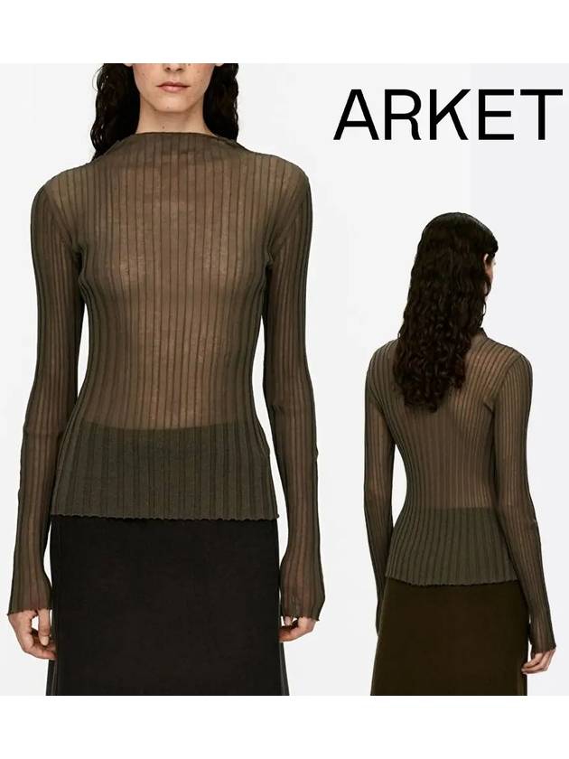 아르켓 맨투맨 여성 시스루 리브드 탑 티셔츠 브라운