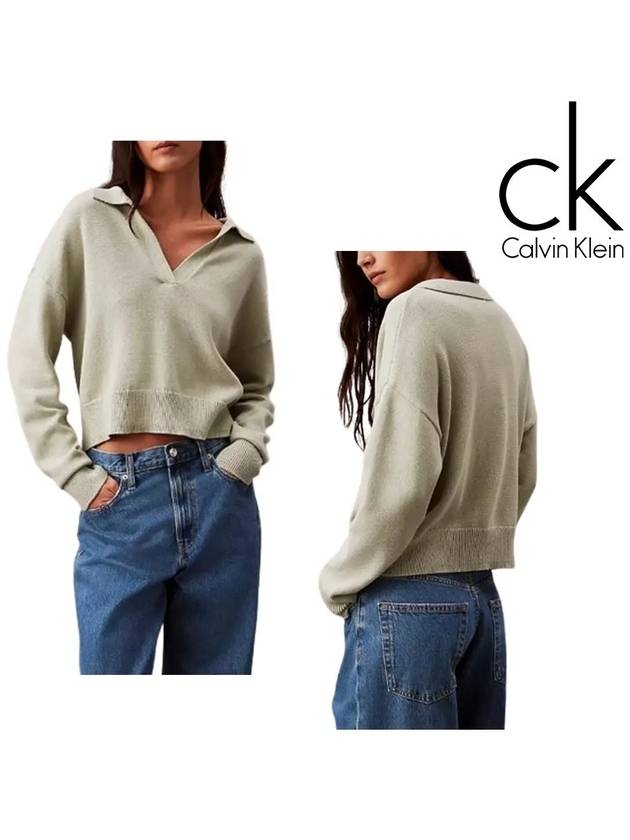 캘빈클라인 긴팔 여성 스무스 폴로 탑 스웨터 그린