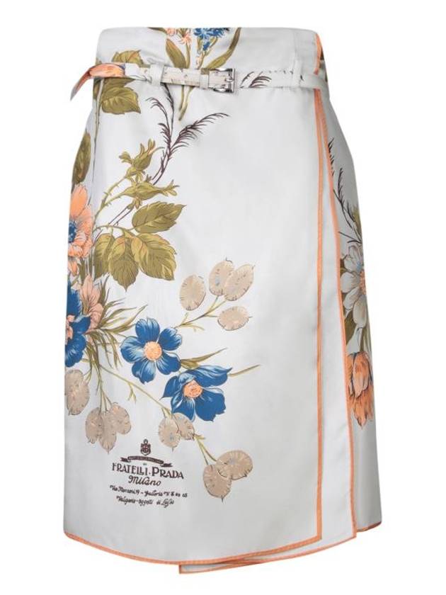 프라다 플로럴 프린트 실크 H라인 스커트