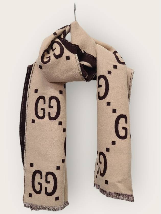 구찌 브라운 베이지 GG 자카드 울 실크 머플러 스카프