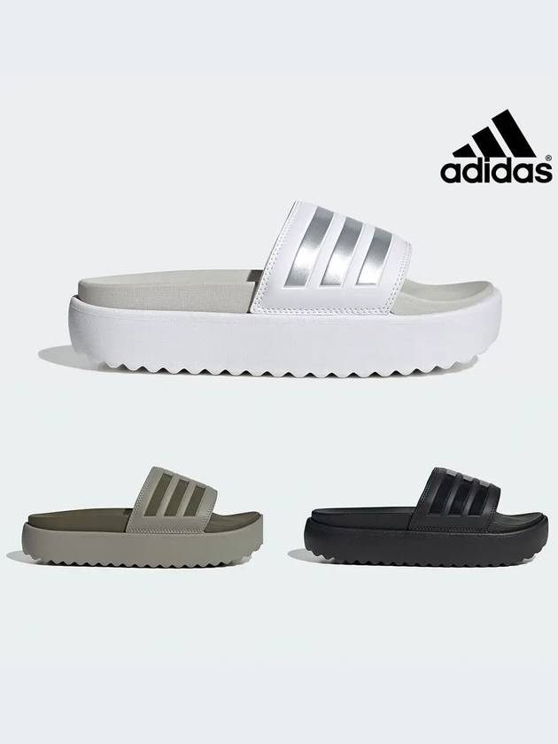 아디다스 여성 아딜렛 플랫폼 굽 슬라이드 슬리퍼 블랙 화이트 올리브