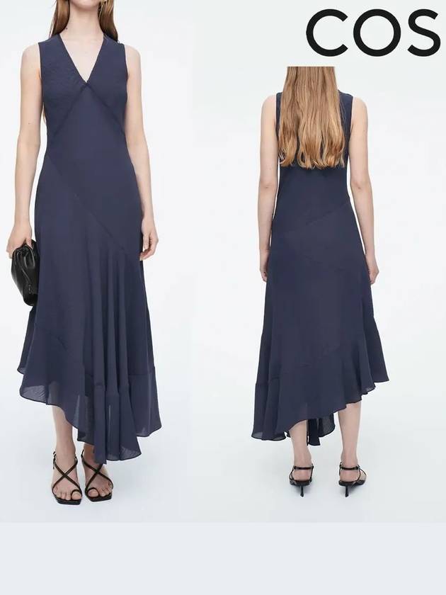 코스 원피스 사선 플로잉 클래식 드레스 네이비블루