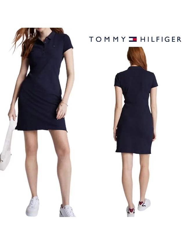 타미힐피거 솔리드 로고 슬림핏 폴로 드레스 원피스 네이비