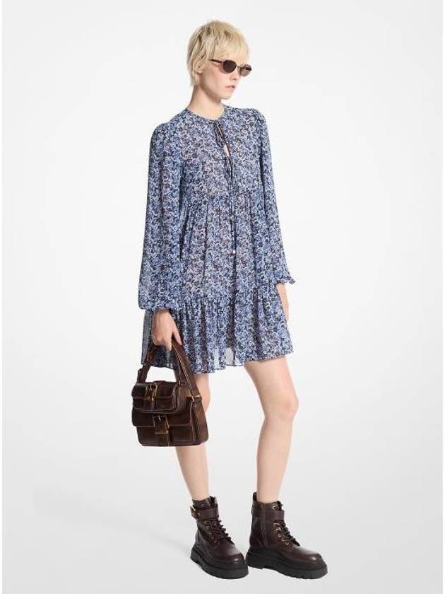 마이클코어스 플로랄 플라워 프린트 조젯 타이넥 원피스 드레스 ADMIRAL