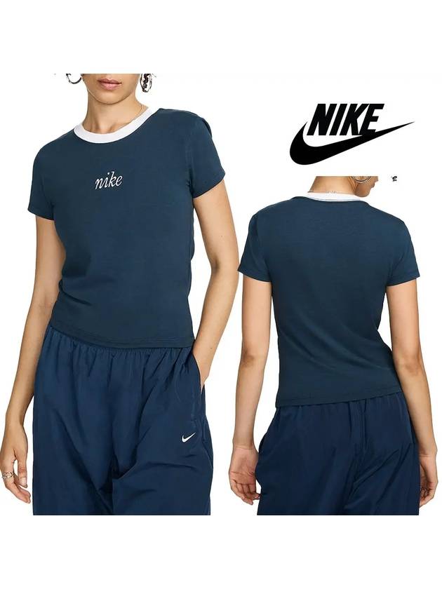 나이키 반팔 여성 칠 니트 슬림 크롭 탑 티셔츠 네이비